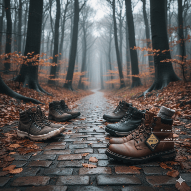 A pair of new, sturdy leather walking boots with a waterproof tag and a pair of old, worn boots sit on a wet, brick path in a foggy autumn forest, illustrating the need for a shoe MOT.