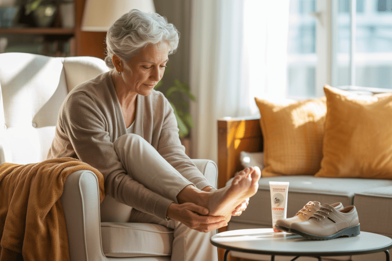 Older adult sitting on a sofa checking their feet with supportive shoes and foot cream nearby, representing healthy foot care and comfort in later life.