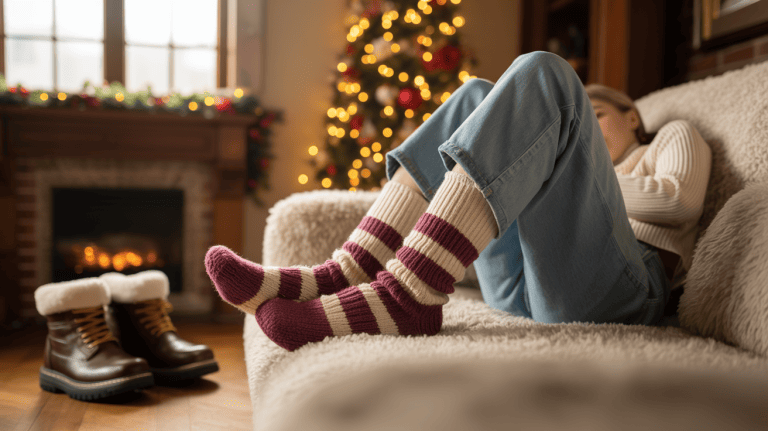 Person warming their feet in thick socks with winter boots nearby in a cosy Christmas setting, representing cold feet and seasonal foot care.