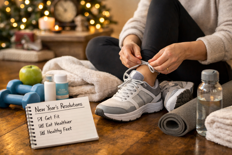 Person tying trainers next to a New Year’s resolutions notebook, highlighting healthy foot care goals and starting the year with supportive footwear.