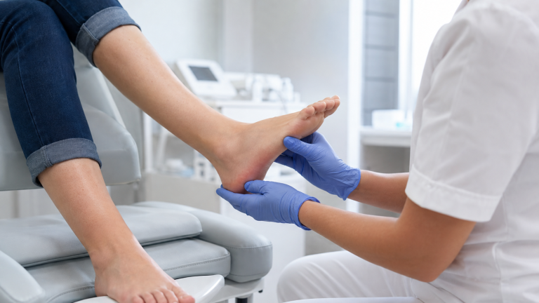Podiatrist examining a patient’s foot during an appointment