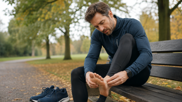 Runner examining a bruised toenail after a long-distance run