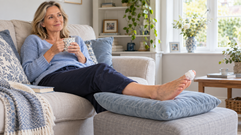 Woman resting from ingrown toenail surgery.